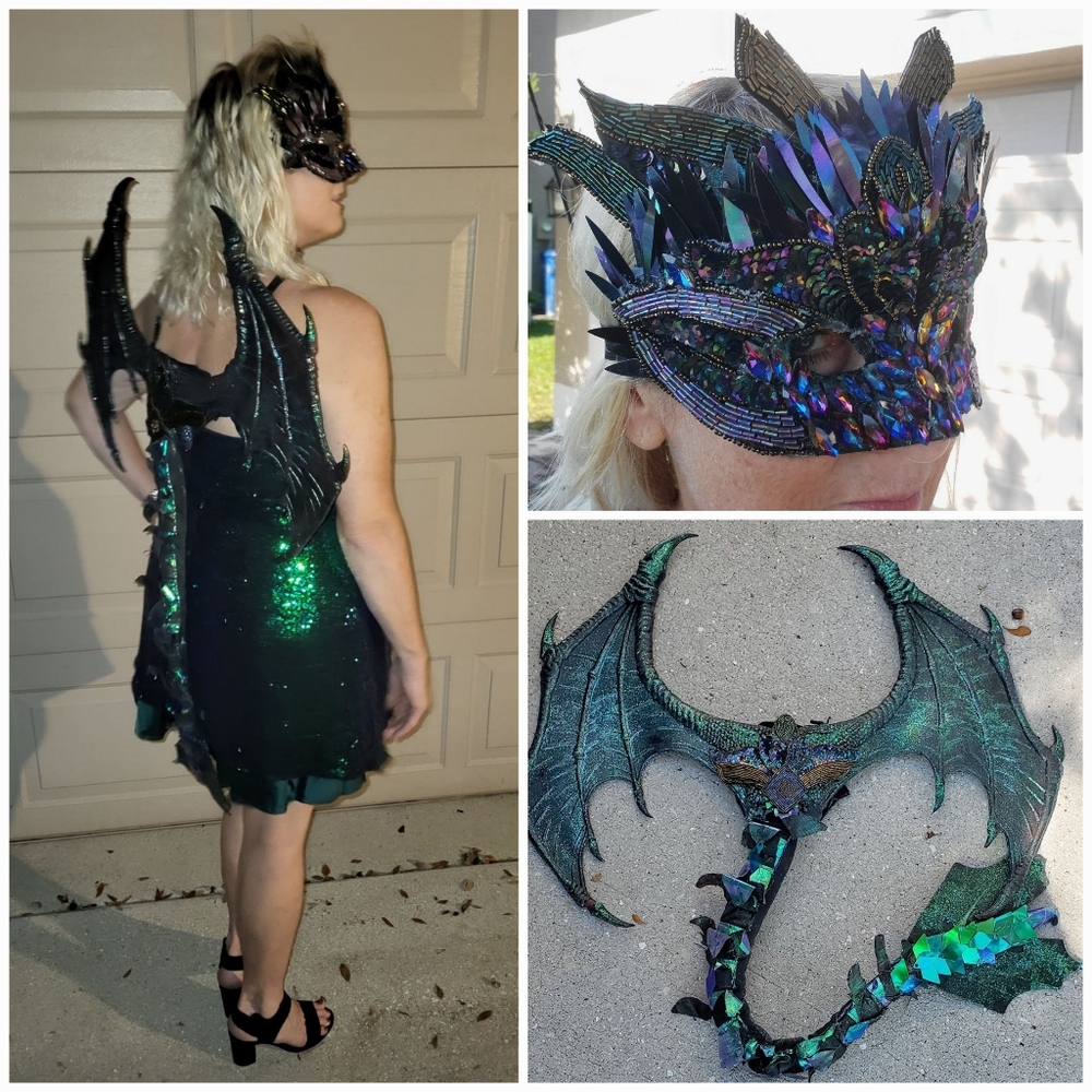 Dragon Costume CRYSTAL MASK, Sequin Dress WINGS, TAIL